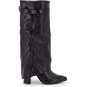 Women's Black Knee High  Fold Over  Wide Calf Pointed Toe  Chunky Heel Boot